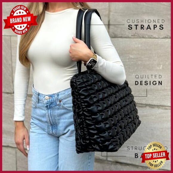 Large Puffer Tote Bag with Insert Pouch, Quilted Polyester, 8 Pockets - Picture 4 of 7